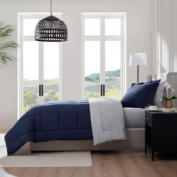 Nestl 7 Piece Twin XL Comforter Set – Navy Reversible Bed in a Bag – Complete Twin XL Size Bedding Set with Sheets, Set of 2 Down Alternative Pillows, Pillowcase and Sham