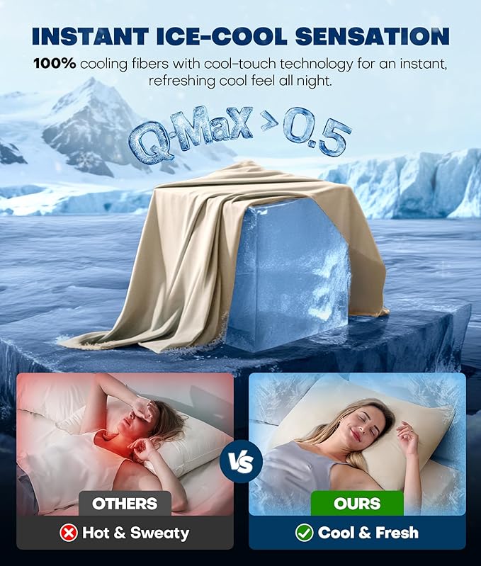 Ultra-Chill Cooling Pillowcase Set of 2 for Hot Sleepers, Softer Than Silk Pillow Cases for Protecting Hair & Skin, Breathable Bed Pillow Covers w/Zipper, Gifts for Women Men(Beige, King)
