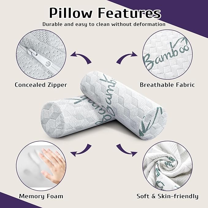 Round Cervical Roll Cylinder Bolster Pillow with Removable Washable Cover, Designed for Head, Neck, Back, and Legs, 2 Pack 5" x 17"