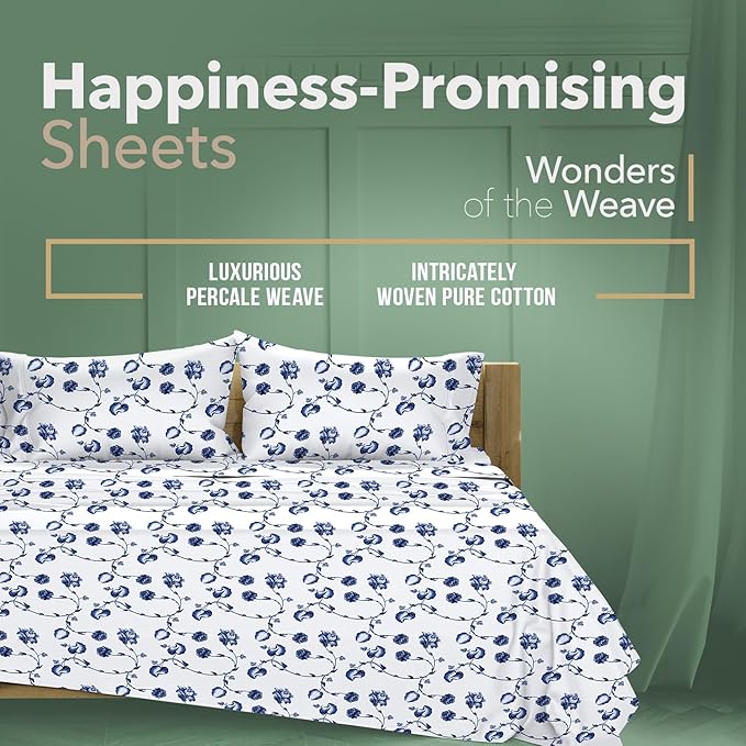 TEXAS LINEN CO. 100% Organic Cotton Printed Sheets Twin XL Size - 3 PC Organic Cotton Percale Sheets Twin XL (Floral Blue), Cooling Sheet for Dorm Room, 16" Deep Pocket Hotel Set - GOTS Certified