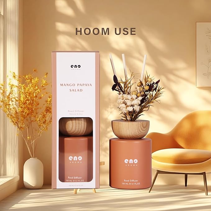 Reed Diffuser Set with Dried Flowers, 5.1oz Essential Oil Home Fragrance, Long Lasting Air Freshener for Bathroom Shelf Decor, Housewarming Gift, Mango Papaya Salad Scent