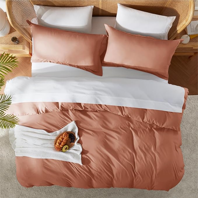 Nestl California King Duvet Cover Set with Comforter Insert - Rust 4 Piece 104x98 Duvet Cover & 2 Pillow Shams with White Quilted Down Alternative Comforter, Ultra Soft, All Season
