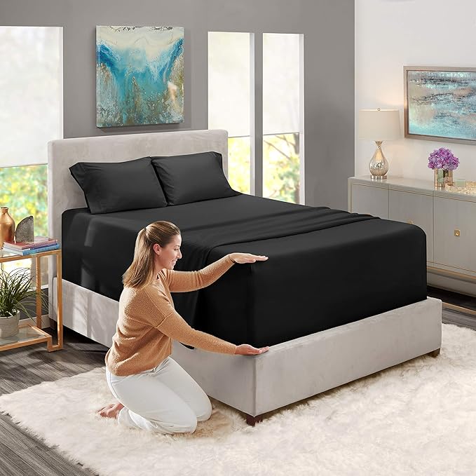 Nestl Full Size Sheet Set, 4 Piece Extra Deep Pocket (18-24 inches), Microfiber, Hotel Luxury, Soft, Breathable, Wrinkle-Free, Easy to Care, Black
