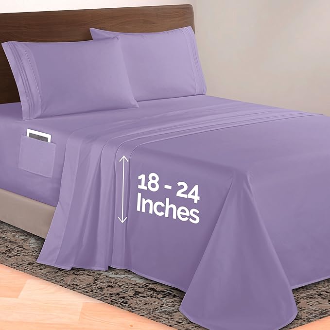 Elegant Comfort Luxurious 1500 Premium Hotel Quality Microfiber 4-Piece Sheet Set, 18-24 Inches Deep - Extra Deep Pocket Sheets - Ultra Soft 4PC Deep Pocket Sheets, Twin/Twin XL, Lavender