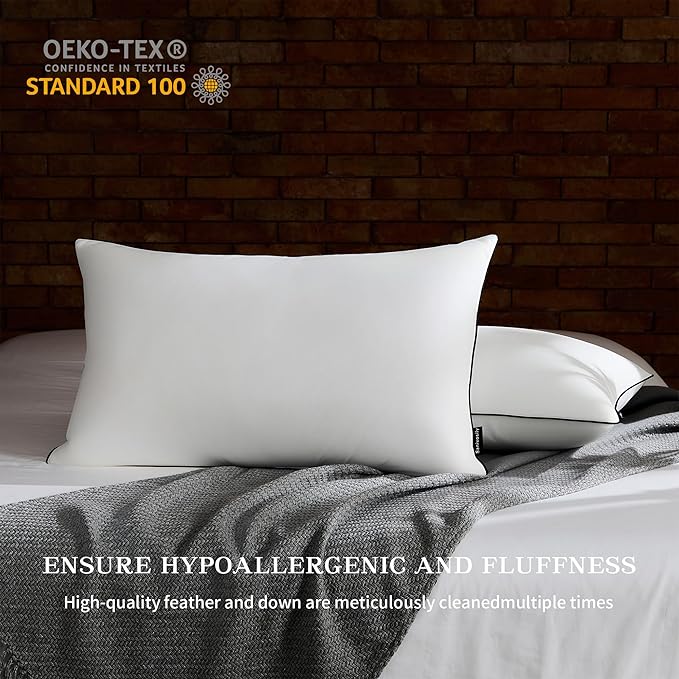 Feather Down Pillow King Size Set of 2, 100% Cotton Luxury Hotel Collection Bed Pillows for Sleeping, Down Surrounded Fluffy Soft Medium Firm Pillows for Side Back Stomach Sleepers 20" x 36"