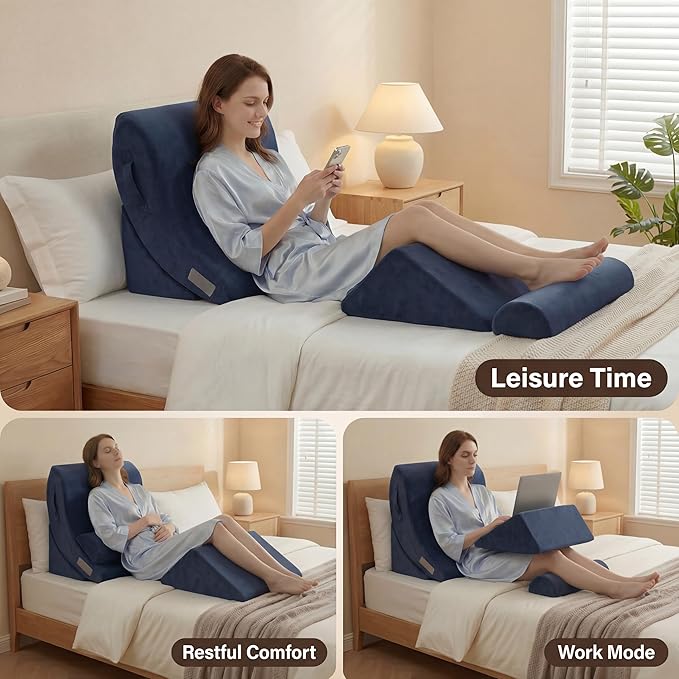 Axelrod 4PCS Orthopedic Bed Wedge Pillow Set, Post Surgery Foam for Back, Neck and Leg Pain Relief Comfortable & Adjustable Pillows- Anti Snoring, Heartburn, Acid Reflux & GERD Sleeping Dark Blue