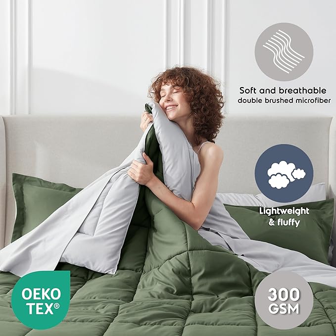 Nestl 9 Piece California King Comforter Set – Olive Green Reversible Bed in a Bag – Complete Cal King Size Bedding Set with Sheets, Set of 2 Down Alternative Pillows, Pillowcases and Shams