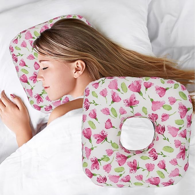 Ear Piercing Pillow for Side Sleepers, Pillow with an Ear Hole for CNH and Ear Pain Ear Inflammation Pressure Sores, O-Shaped Side Sleeping Pillow, Ear Guard Pillow (Rosered Iris Flowers)