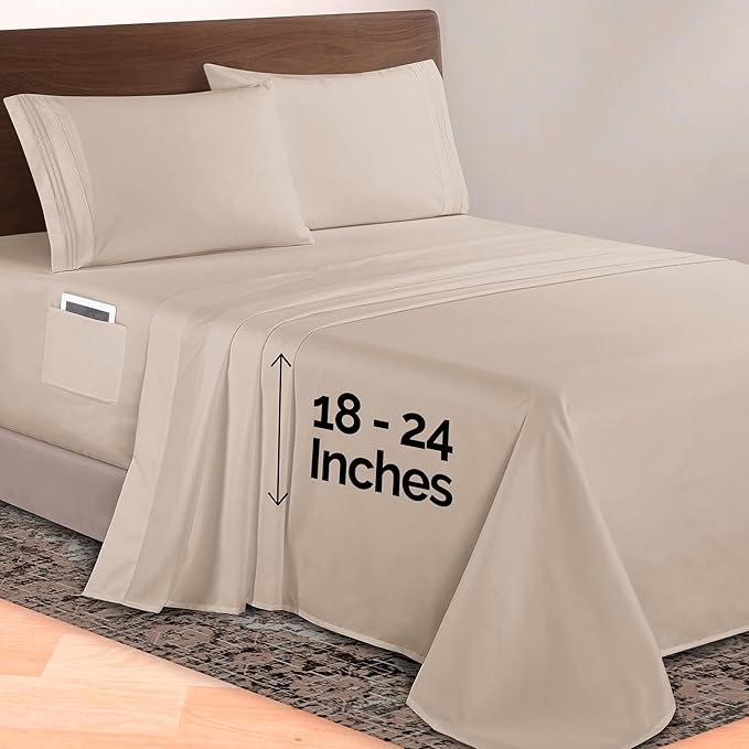 Elegant Comfort Luxurious 1500 Premium Hotel Quality Microfiber 4-Piece Sheet Set, 18-24 Inches Deep - Extra Deep Pocket Sheets - Ultra Soft 4PC Deep Pocket Sheets, Twin/Twin XL, Cream