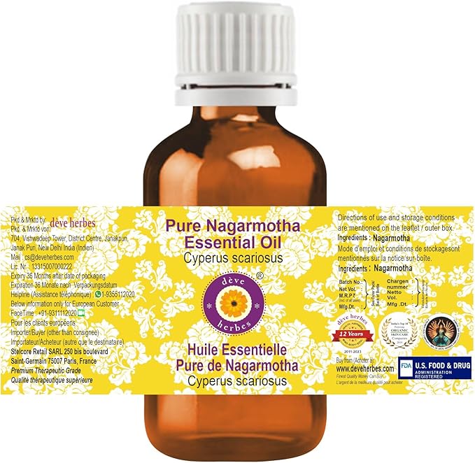 Deve Herbes Pure Nagarmotha Essential Oil (Cyperus scariosus) Steam Distilled 50ml (1.69 oz)