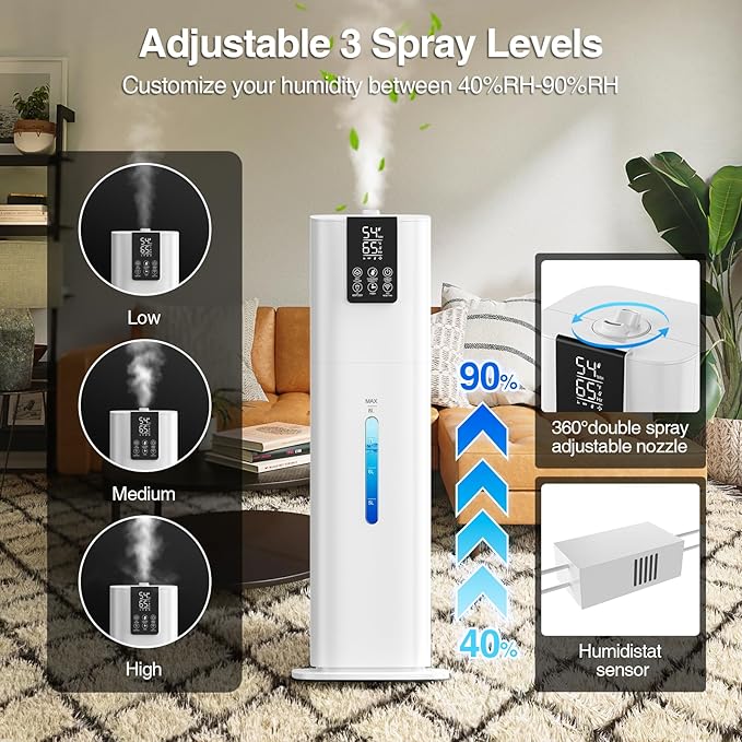 2.1Gal(8L) Smart Humidifier Large Room Bedroom Home, Quiet Top Fill Cool Mist Humidifier with Diffuser, Night Light, 3 Speed Humidifiers with 360° Nozzle, Timer, Humidity Setting for Plants Yoga Baby