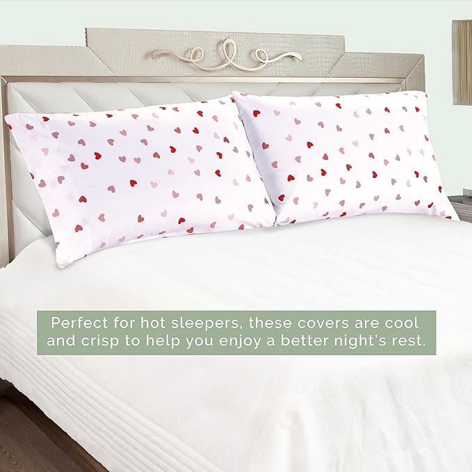 Elegant Comfort Ultra Soft Set of 2 Hearts Print Pillowcases - 1500 Premium Hotel Quality Microfiber, Soft and Smooth Envelope Closure 2-Piece Pillow Covers - King, Valentina