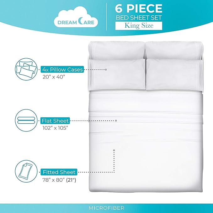 DREAMCARE King Size Sheets Set - 6 pcs Breathable Cooling Bed Sheets - up to 21" Extra Deep Pocket King Sheet Set with Side Pockets - Extra Soft 100% Brushed Hypoallergenic Hotel Luxury Bedding- White