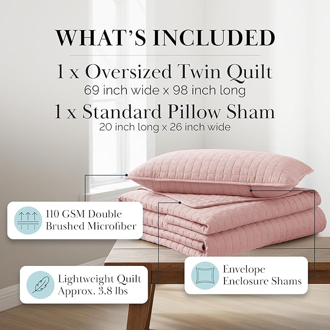 Southshore Fine Living, Inc. Stitched Twin XL Comforter Quilt Bedding Set, Dorm Room Bedding, Stain Resistant, Machine Washable Bedspread, XL/Twin Pink Quilt Bed Spread w/Pillow Sham, Pastel Pink