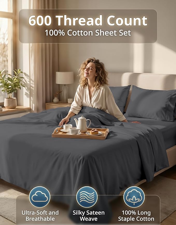 LANE LINEN Queen Size Bed Sheets Set – 600 Thread Count 100% Natural Cotton Cooling Sheets, Hotel Luxury Soft Sateen Finish, Snug Fit 15" Deep Pocket Elasticized Fitted Sheet – Charcoal