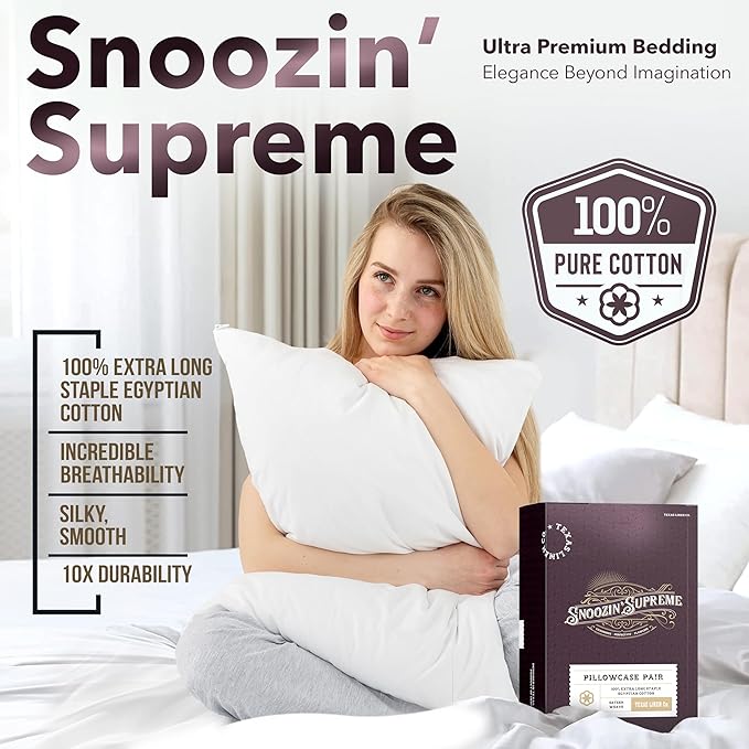 TEXAS LINEN CO. 100% Egyptian Cotton Pillowcases Queen Size Set of 2 - Luxury Snoozin' Supreme Collection 2000 Series Standard/Queen Pillow Cases, Envelope Closure Hotel Pillowcase (21 x 32, Ivory)