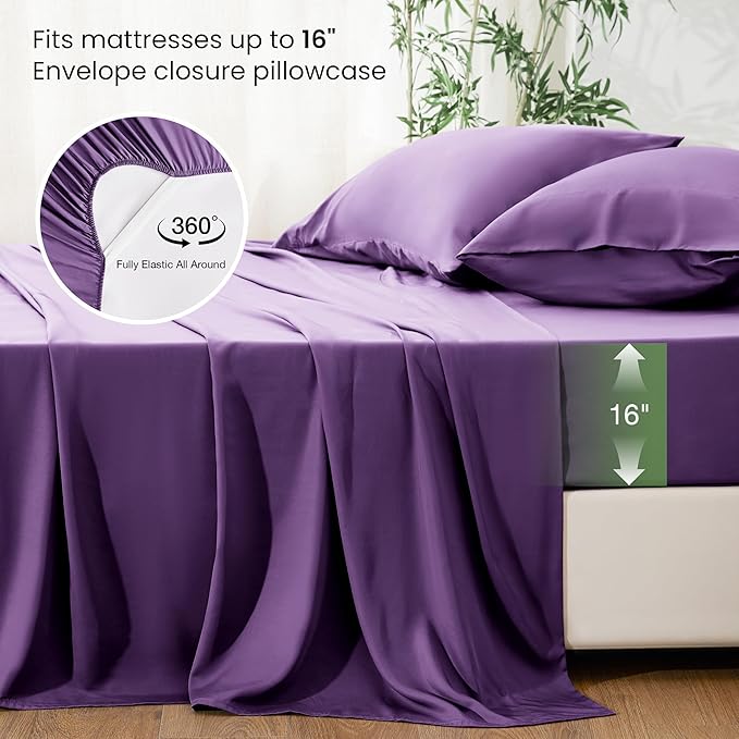 Love's cabin 3 Piece Twin Sheet Set, 100% Rayon Derived from Bamboo, Cooling & Breathable, Soft Silky Deep Pocket up to 16", Hotel Luxury Bedding for Hot Sleepers, Purple