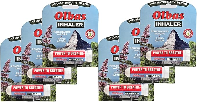 Olbas Inhaler Aromatherapy, Essential Oil Inhaler with Natural Oils, 0.01 Oz Each, 6 Pack, Pocket Sized Nasal Inhaler Stick for Clear Breathing and Sinus Relief