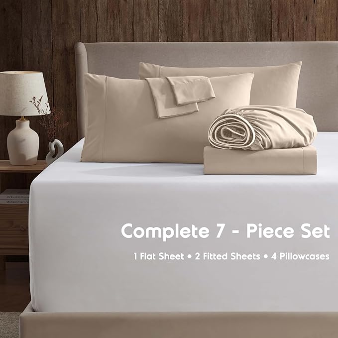 Nestl Extra Deep Split King Sheet Set - 7 Piece Breathable & Cooling Sheets - Hotel Luxury Bedding Set w/18-24 Inch Deep Pockets - Easy & Secure Fit - Super Soft, Wrinkle Free & Comfy - Taupe Sand