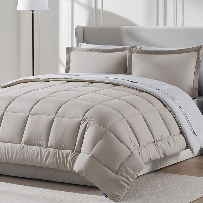 Nestl 9 Piece Queen Comforter Set – Linen Reversible Bed in a Bag – Complete Queen Size Bedding Set with Sheets, Set of 2 Down Alternative Pillows, Pillowcases and Shams