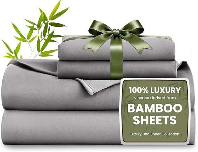 Love's cabin 4 Piece Queen Sheet Set, 100% Rayon Derived from Bamboo, Cooling & Breathable, Soft Silky Deep Pocket up to 16", Hotel Luxury Bedding for Hot Sleepers, Grey