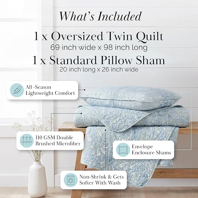 Southshore Fine Living, Inc. Twin XL Comforter Quilt Set, Dorm Bedding Essentials, Stain Resistant, Machine Washable Paisley Boho Bed Spread, Twin XL Quilt Bedspread Set w/Pillow Sham, Blue Paisley