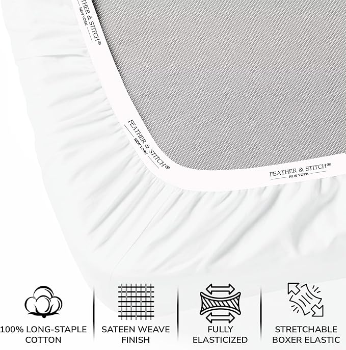 Feather & Stitch 500 TC King Size Damask Bed Sheet Set, 100% Cotton Soft Breathable Bedsheets, 4 Piece 18" Deep Pockets Sateen Weave Solid Bedding Mattress Resort Hotel Luxury- (Solid White)