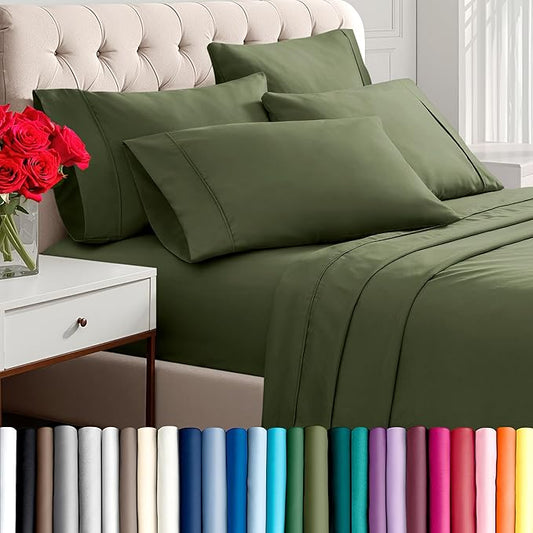 Bare Home Hotel Luxury Full XL Sheet Set, Extra Soft - 6 Piece Set - Deep Pockets - Easy Fit - Cooling & Breathable - Wrinkle, Fade, Stain Resistant - Includes 4 Pillowcases (Full XL, Cypress)