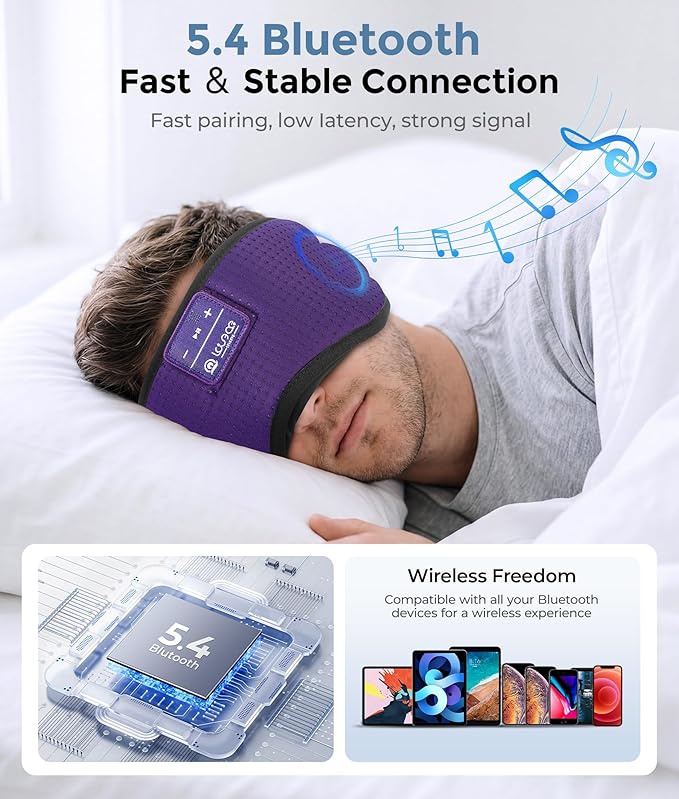 LOVE EYE Sleep Headphones Bluetooth 5.4 Sleeping Eye Mask Wireless Music Earphones with HD Speakers for Side Sleepers Total Blackout Cotton Mask for Travel, Office, Unique Gifts (Deep Purple)