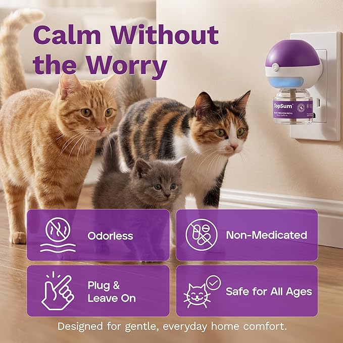 TopSum Cat Calming Pheromone Diffuser: Feline Pheromones Plug in for Stress, Along At Home, Spraying, Fighting, Scratching, Aggression & Excessive Meowing (Purple– 6 Refills)