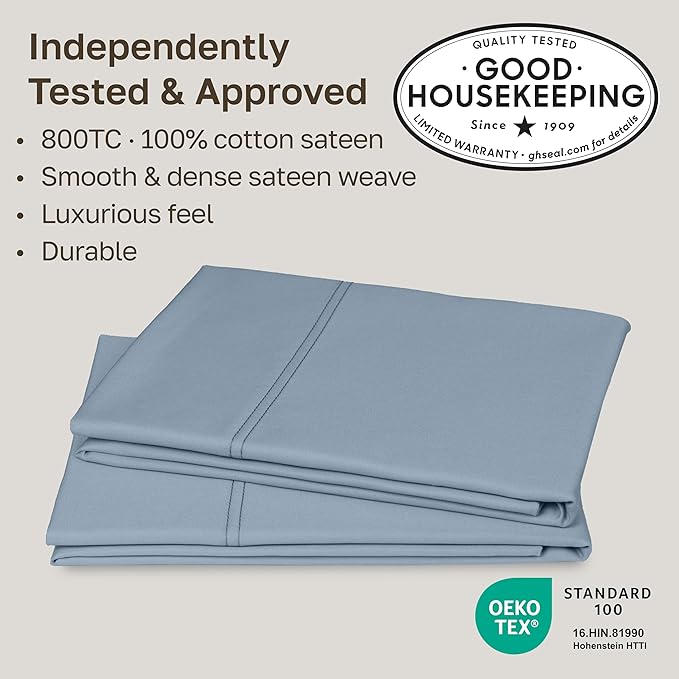 Heirloom Soft, Smooth & Thick Certified 800 Thread Count 100% Cotton Sateen, 2 Pillow Cases King Size, Fits King Pillows (Dusty Blue)