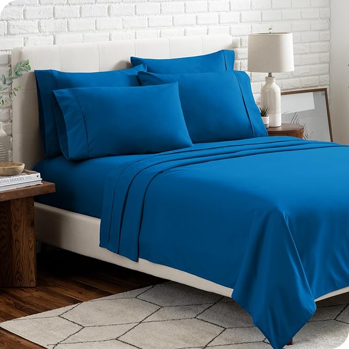 Bare Home Hotel Luxury Split King Sheet Set, Extra Soft, 7 Piece Set, Deep Pockets, Easy Fit, Cooling & Breathable, Wrinkle, Fade, Stain Resistant, Includes 4 Pillowcases (Split King, Medium Blue)