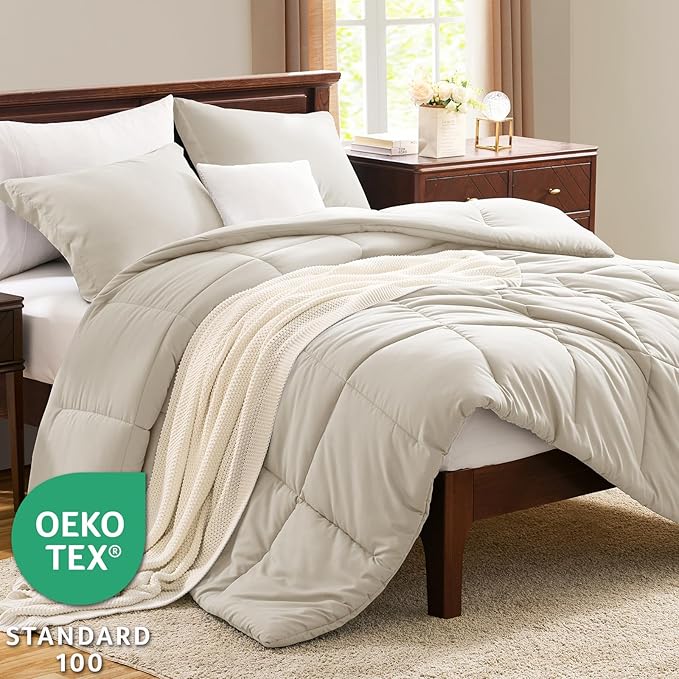 CozyLux Queen Size Comforter Sets Beige - 3 Pieces Box Stitched Queen Bed Set for All Seasons, Soft Lightweight Bedding Sets with 1 Down Alternative Comforter and 2 Pillow Shams