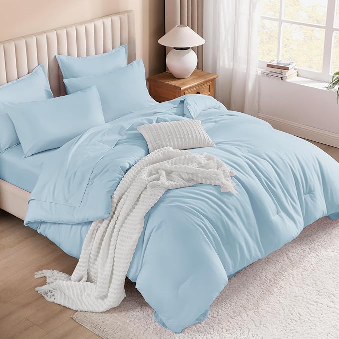 Litanika Comforter Full Size Set Light Blue - 7 Pieces Bed in a Bag Full Bedding Comforter Sets, Plain Lightweight Bed Set with Comforter, Sheets, Pillowcases & Shams