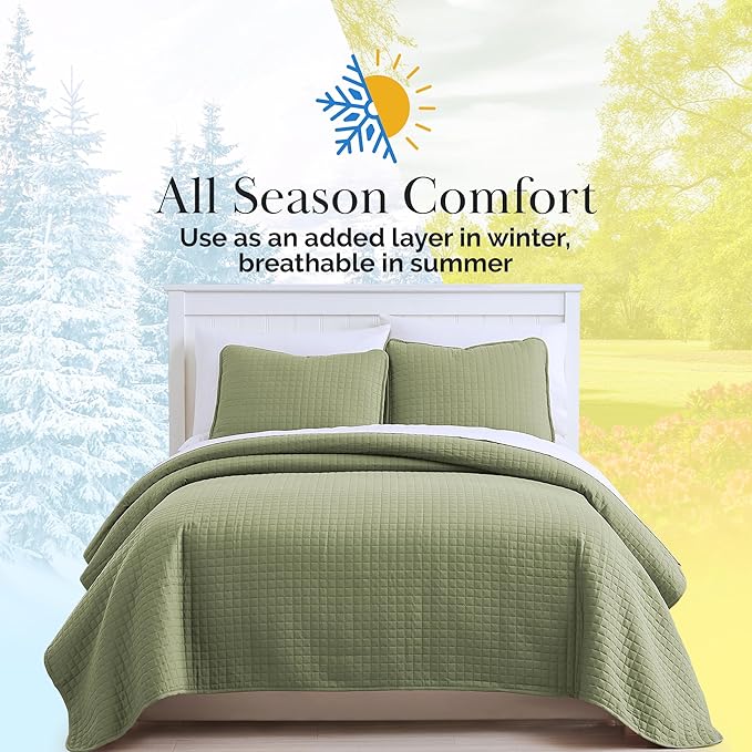 Southshore Fine Living, Inc. Bed Quilts Queen Size Set, Pet Hair Resistant Bedding, Soft Coverlet Queen Size, Full Quilt Set with 2 Pillow Shams, Lightweight Full Bedspread, Sage Green Quilt