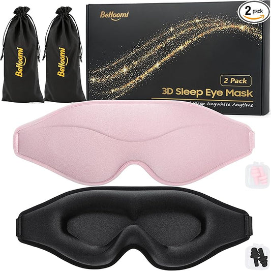 BeHoomi Sleep Mask, 2 Packs Premium Eye Mask for Sleeping, Total Blackout, Superior Soft Comfort, Upgraded 3D Ergonomic Designed Sleeping Mask for Home, Office, Travel, Meditation, Yoga, Black & Pink