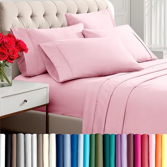 Bare Home Hotel Luxury Full XL Sheet Set, Extra Soft - 6 Piece Set - Deep Pockets - Easy Fit - Cooling & Breathable - Wrinkle, Fade, Stain Resistant - Includes 4 Pillowcases (Full XL, Light Pink)
