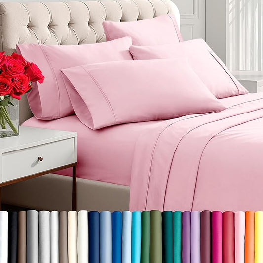 Bare Home Hotel Luxury Full XL Sheet Set, Extra Soft - 6 Piece Set - Deep Pockets - Easy Fit - Cooling & Breathable - Wrinkle, Fade, Stain Resistant - Includes 4 Pillowcases (Full XL, Light Pink)