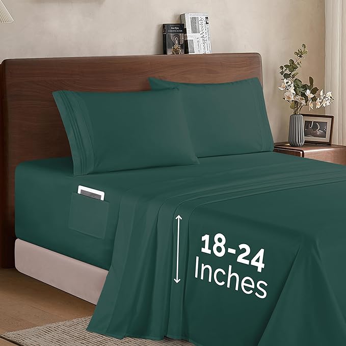 Elegant Comfort Luxury 1500 Premium Hotel Quality Microfiber 4-Piece Sheet Set - Soft, All Around Elastic 18-24 Inches Deep Fitted Sheet - Extra Deep Pocket Sheets, California King, Hunter Green