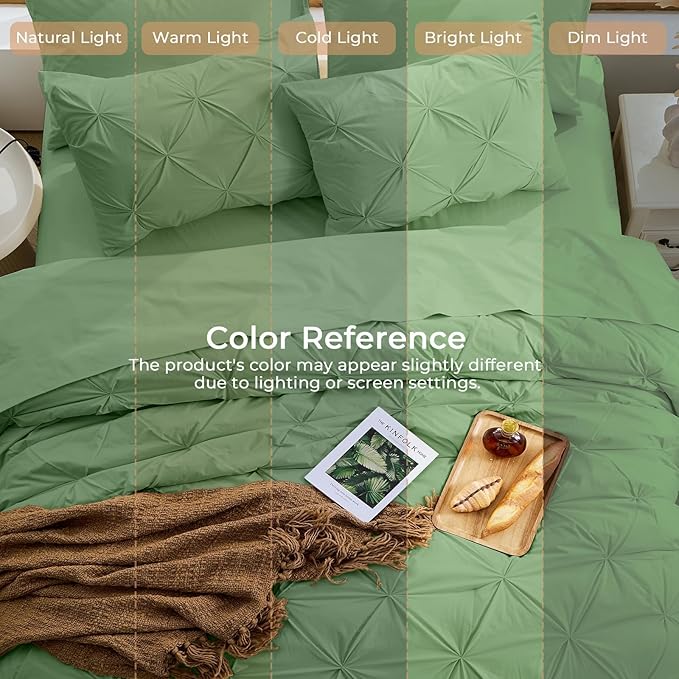 Sasttie King Size Comforter Set, 7-Piece Bed in a Bag, Pintuck Bedding Set for All Season, Includes Comforter, Flat Sheet, Fitted Sheet, Pillowcases and Pillowshams, Green