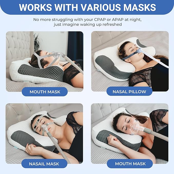 Elviros 2 Pack CPAP Pillow for Sleeping, Ergonomic Adjustable Height Neck Support Memory Foam Bed Pillow for CPAP Users with Sleep Apnea, Suitable for Side and Back Sleepers