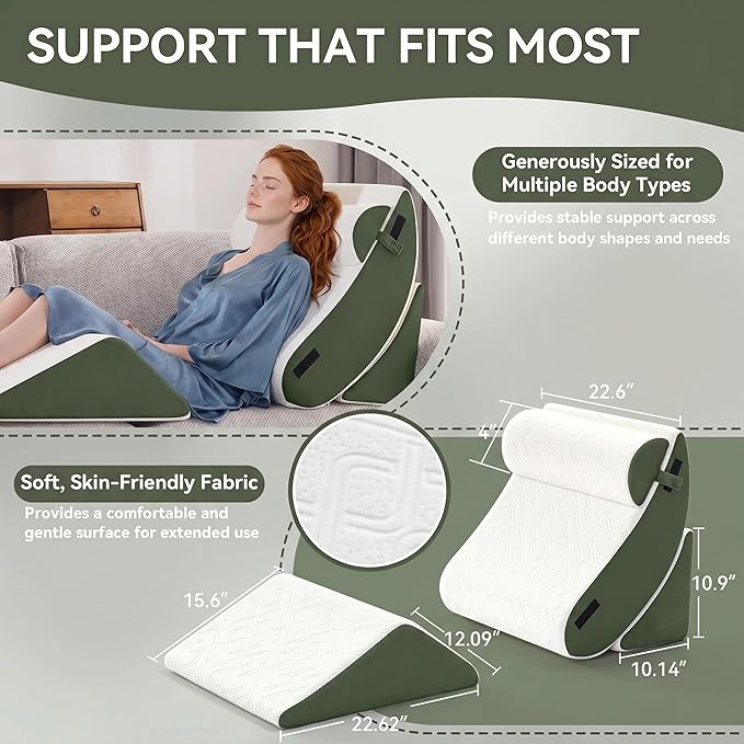 4PCS Wedge Pillow Set for After Surgery,Bed Orthopedic Pillow for Sleeping, Memory Foam Back Pillow for Pain Relief and Acid Reflux, Adjustable Sitting Up for Bed Post Surgery Pillow Green
