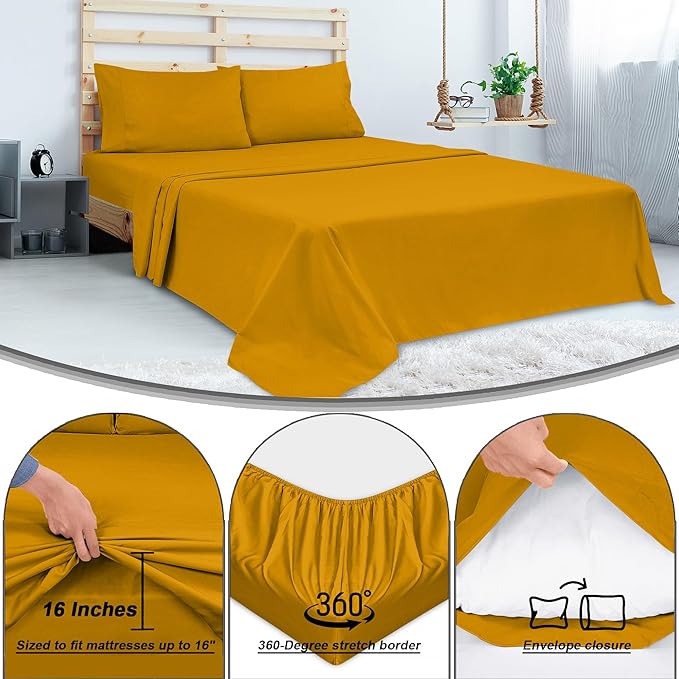 ROYALE LINENS 300 Thread Count 100% Long Staple Combed Cotton Sheet Set - 4 Piece King Bed Sheets - 1 Fitted, 1 Flat & 2 Pillow Cases - Soft Cool & Crisp Sheet Set (King, Yellow)