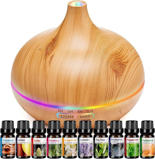 Aroma Diffuser for Essential Oil Large Room,Office Essential Oil Diffusers for Home Kids, Ambient Light Cool Mist humidifier for Bedroom Auto Off with 10 Essential Oils