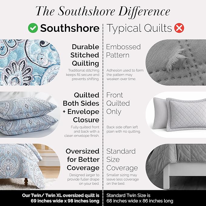 Southshore Fine Living, Inc. Twin XL Comforter Quilt Set, Dorm Bedding Essentials, Stain Resistant, Machine Washable Paisley Boho Bed Spread, Twin XL Quilt Bedspread Set w/Pillow Sham, Paisley Aqua