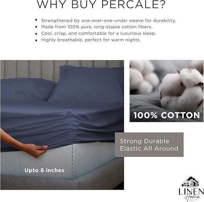 Linen Home 6 Piece King Cotton Sheet Set, 100% Cotton Percale, 4 Pillowcases, Deep Pocket with All Around Elastic Sheet, Crisp Breathable Bedding, Hotel Luxury, Long-Staple Combed Cotton, Dark Blue