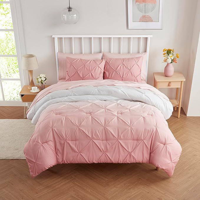 7 Piece Comforter Set Bed in a Bag Ombre Pintuck Design All Season Soft Down Alternative Bedding Comforter Set & Luxurious Matching Bed Sheets & Pillow Shams, Ombre Pintuck Blush, Full