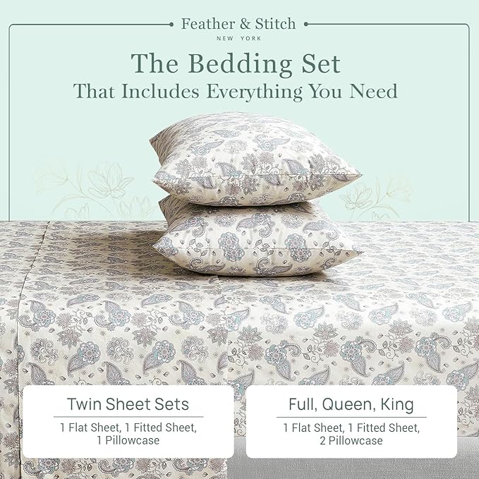 Feather & Stitch Softest 100% Cotton Sheets, 300 Thread Count Percale Weave Bedding, 16" Deep Pocket, Cooling Sheets, Breathable Bed Set, Hotel Premium Quality (King, Beige Paisley)
