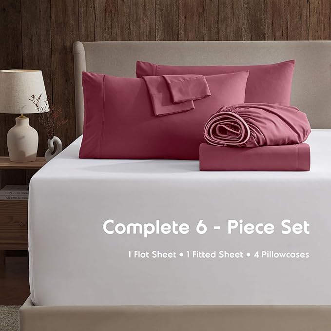Nestl Extra Deep Cal King Sheet Set - 6 Piece Breathable & Cooling Sheets - Hotel Luxury Bedding Set w/18-24 Inch Deep Pockets - Easy & Secure Fit - Super Soft, Wrinkle Free & Comfy - Burgundy Red