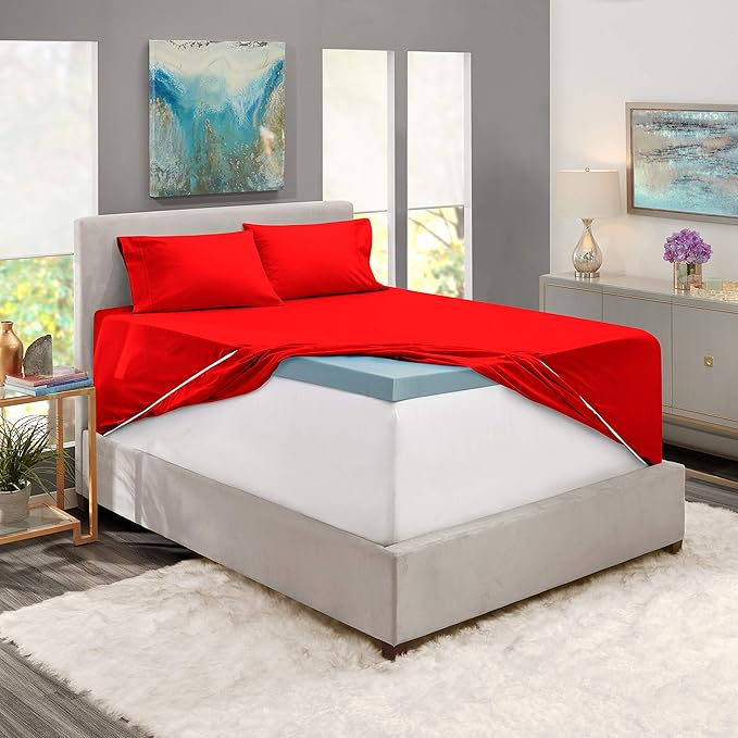 Hearth & Harbor Extra Deep Pocket Sheets - Fits Mattress 18-24 Inches Deep - Extra Deep Pocket Twin Sheets Sets - 4 Piece Twin Size - Cherry Red